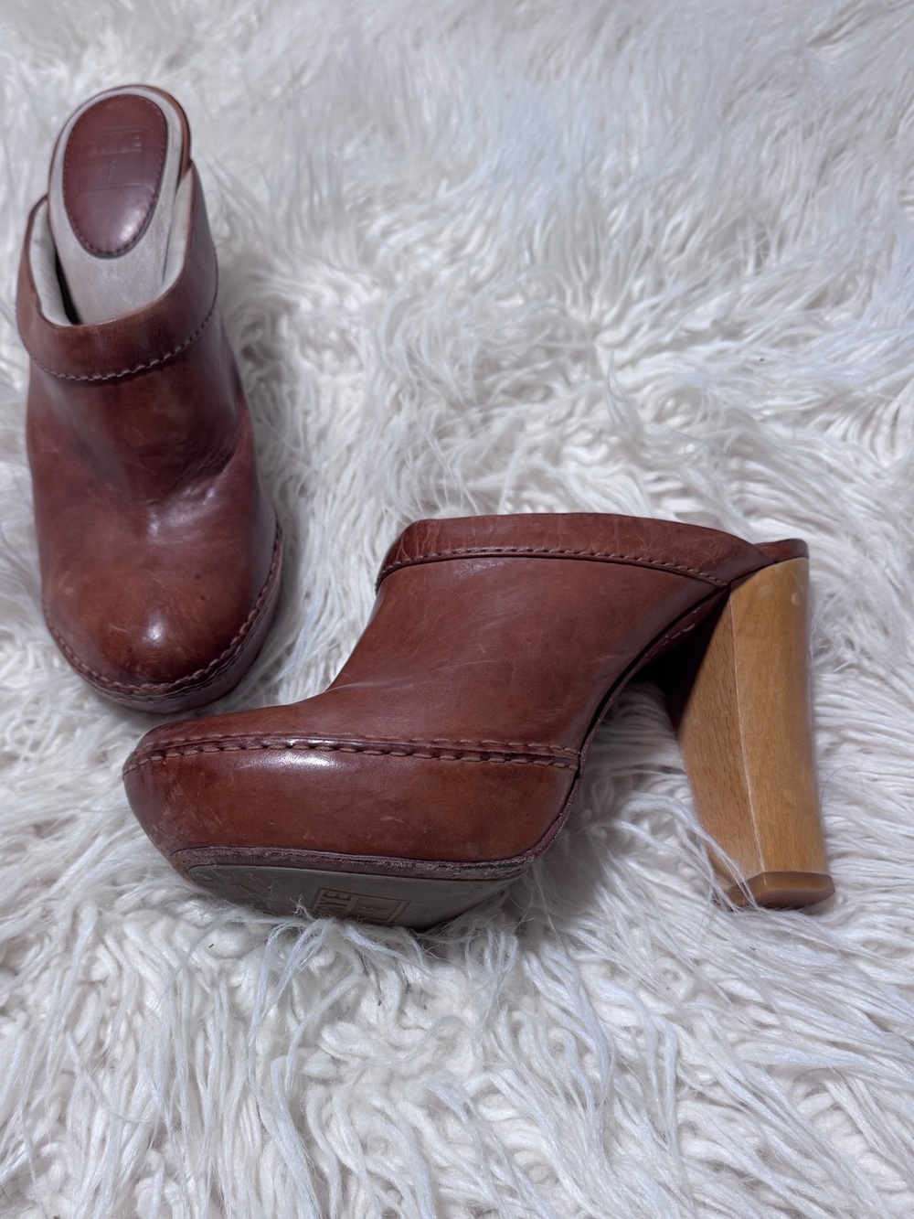 FRYE Womens Size 7 Natasha Clog Brown Leather Mule High Heel cognac